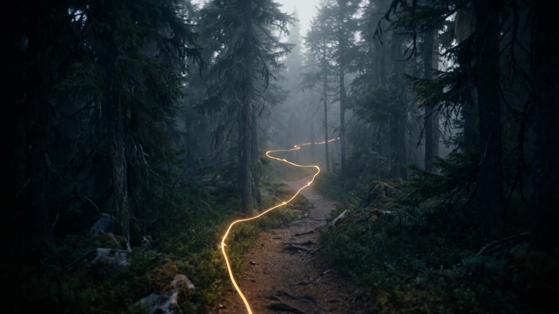 Trilha entrando numa floresta à noite, com um fio de luz dourada flutuando.
